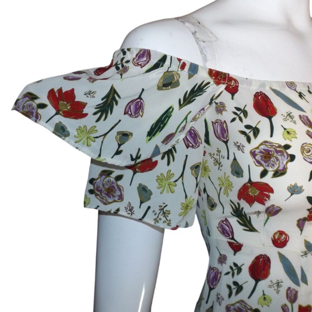 STONE COLD FOX Dress, 1/S, Silk Floral, Off Shoulder, HIGH slit/Vent, Midi, Zip - Picture 5 of 16